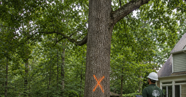 Large hardwood tree marked for evaluation in a Peachtree City backyard.